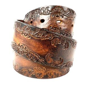 Vintage Tooled Leather Western Belt | Brown Scrollwork | Size 36